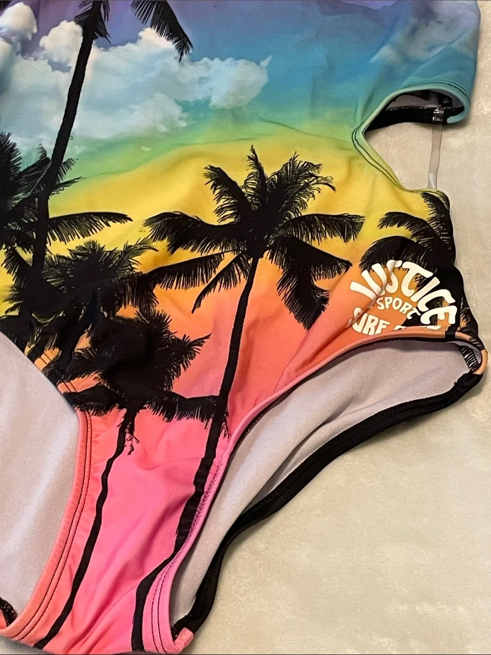 Justice Girls One-Piece Swimsuit - Rainbow Gradient with Black Palm Silhouettes